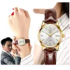 A men's watch with a golden case, white dial and brown leather strap Item Picture